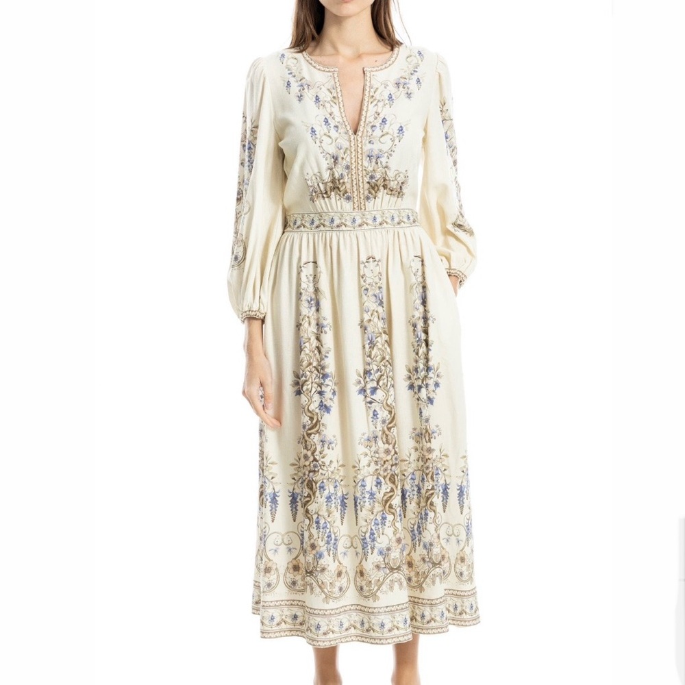 Max Studio Boho Peasant Maxi Dress Balloon Sleeve Linen Blend Blue Floral Print